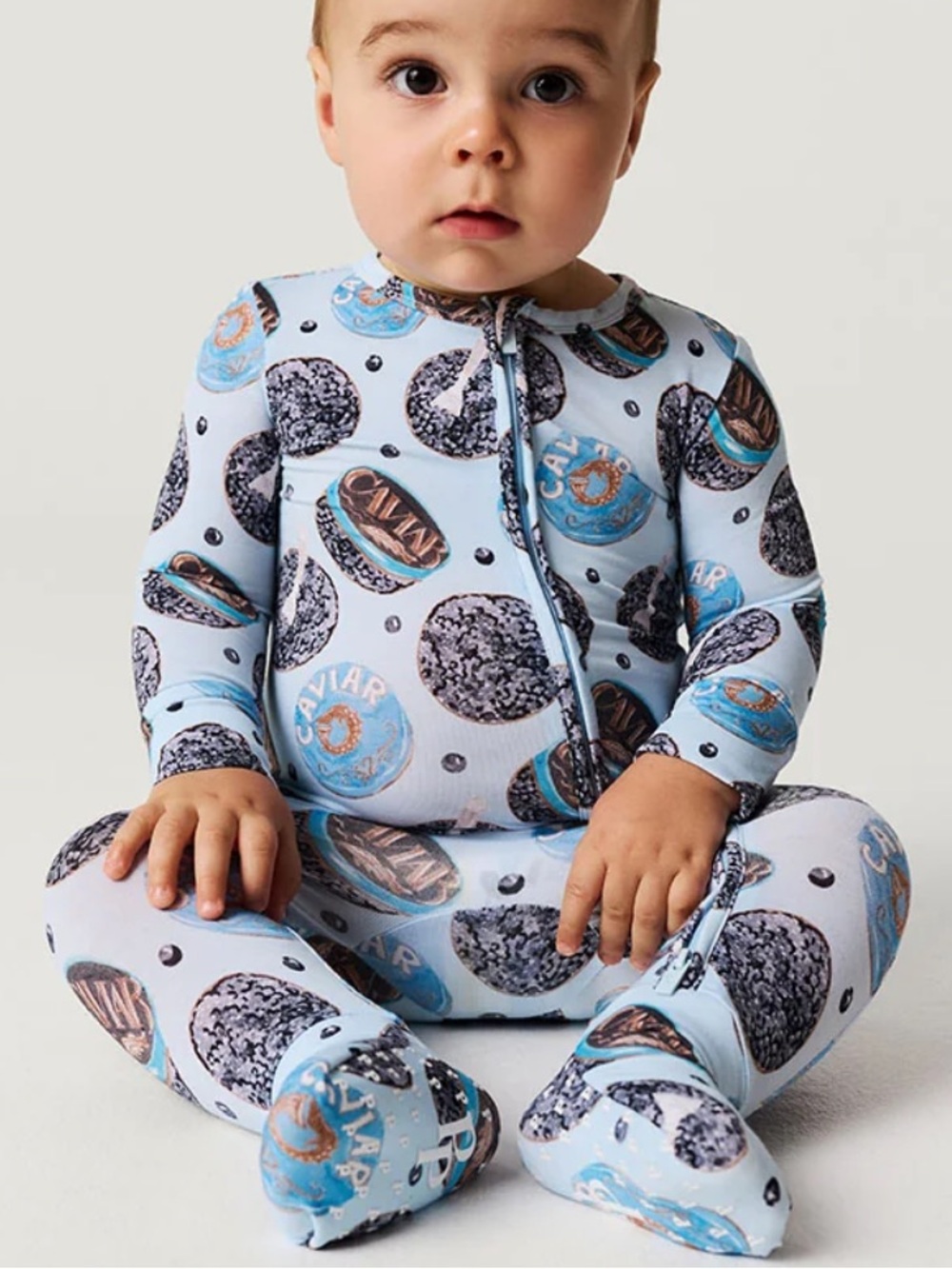 Posh Peanut Convertible One-Piece Footed Pajamas in Light Blue - Caviar Print